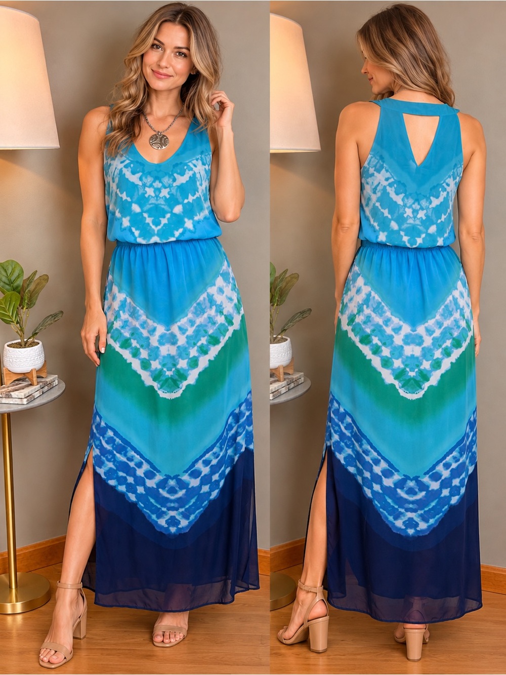 Banana Republic Blue Green Abstract
Print Maxi Dress Size 6